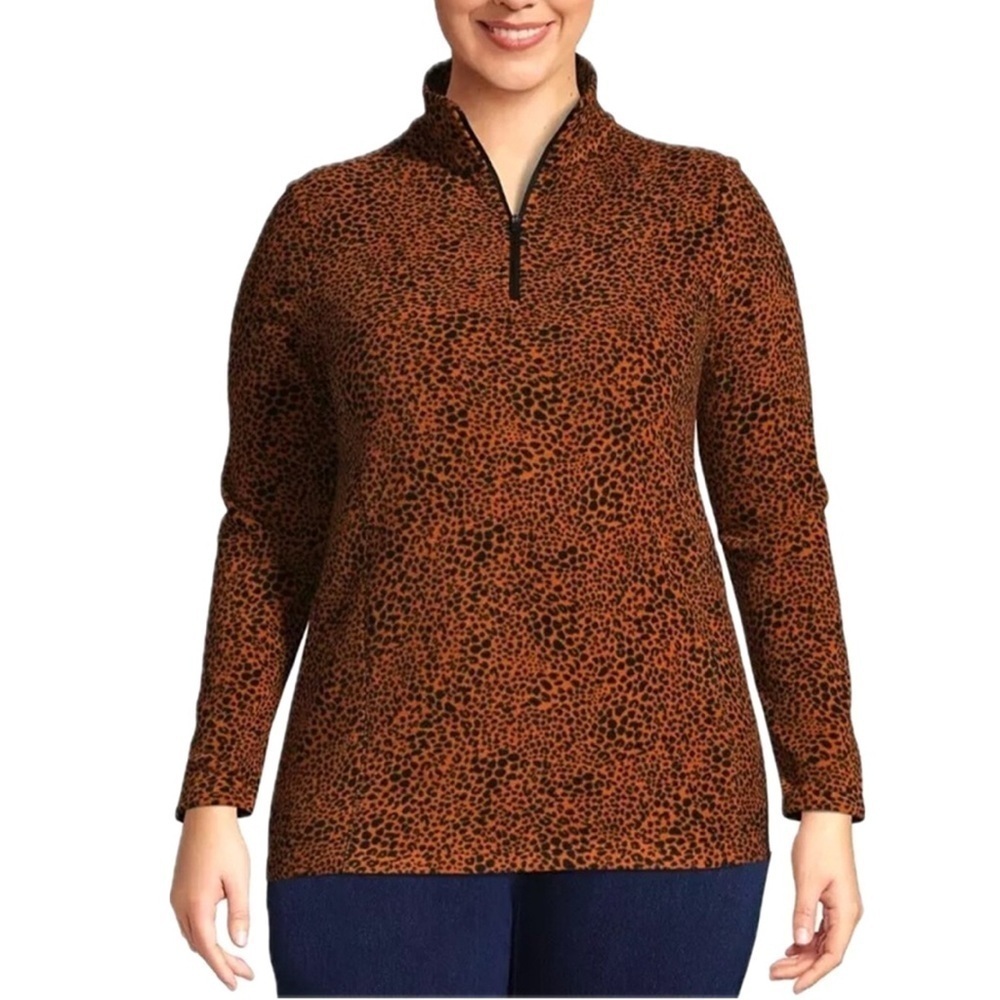 Lands' End Caramel Leopard Print Fleece Quarter Zip Pullover 3LM01.5